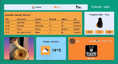 I created a gen-z friendly live information screen for the common area of my study showing train times, weather, plays radio and shows upcoming events